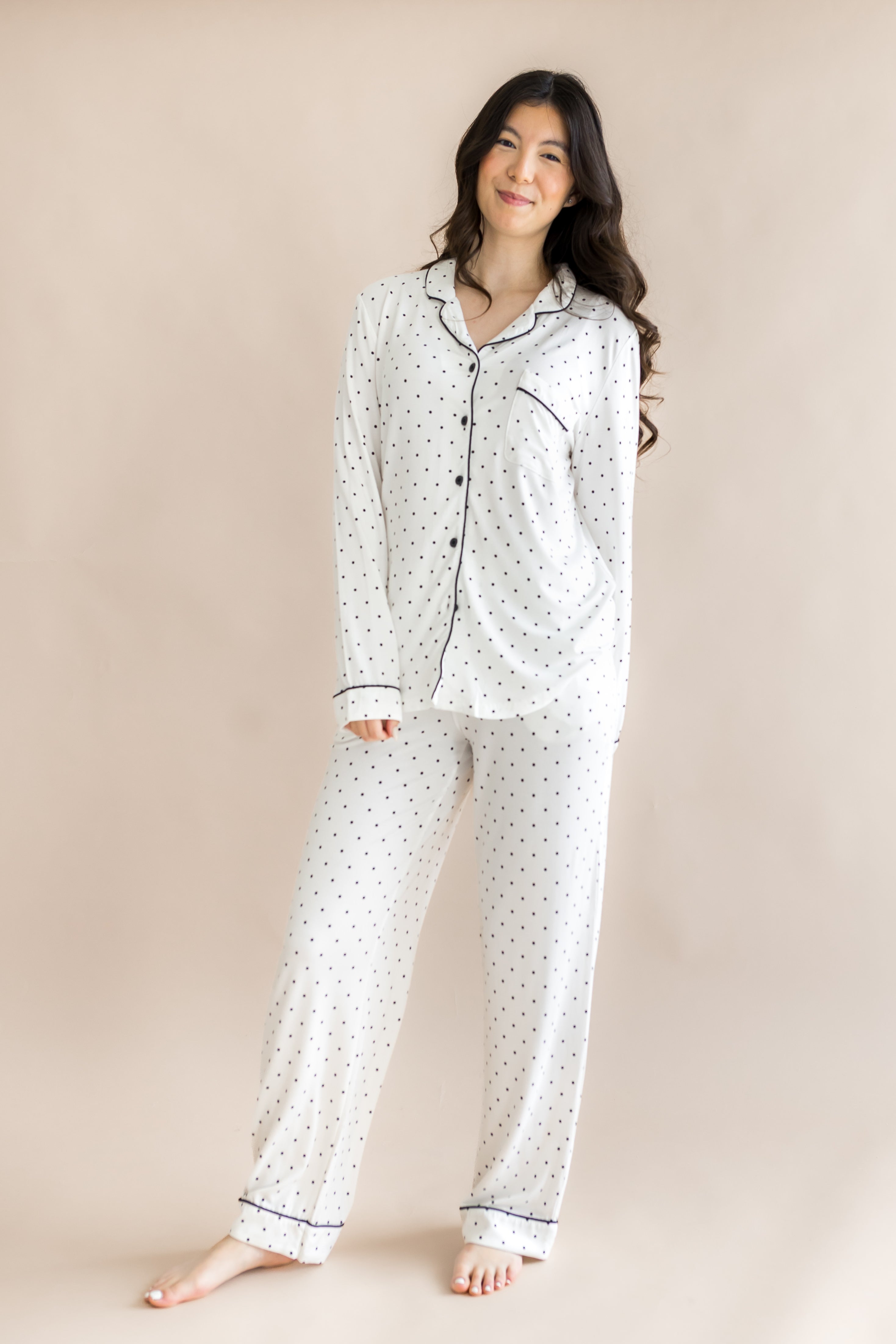 Long-Sleeved Women's Pajama Set in Midnight Polka Dot