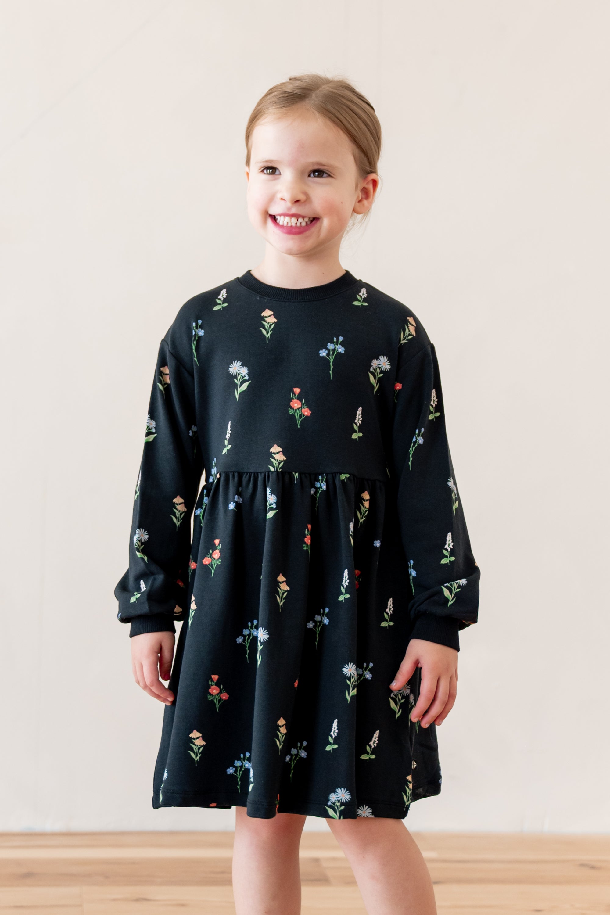 Long Sleeve Skater Dress in Midnight Wildflower
