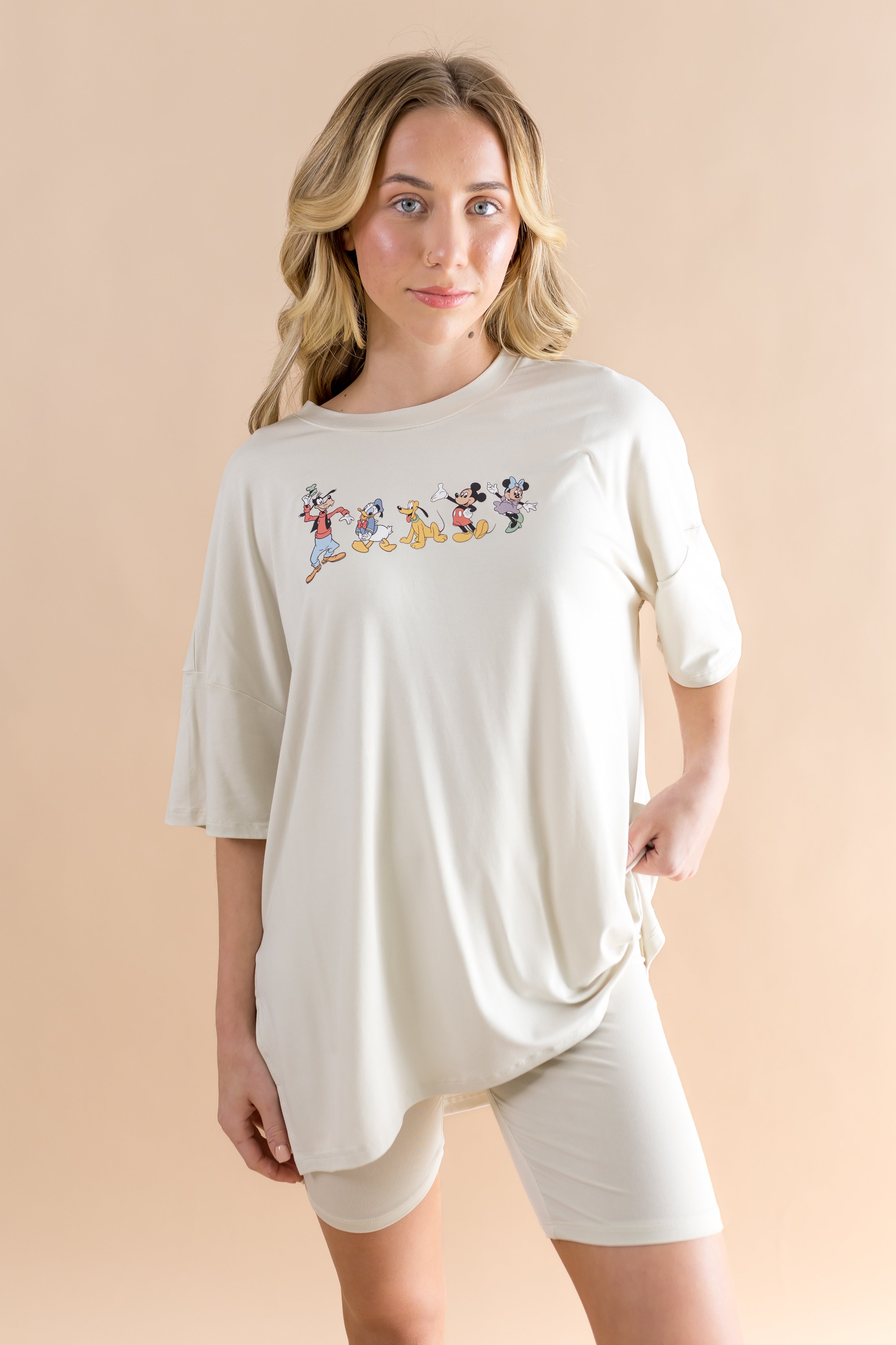 Women’s Biker Short Set in Mickey and Friends on Ecru