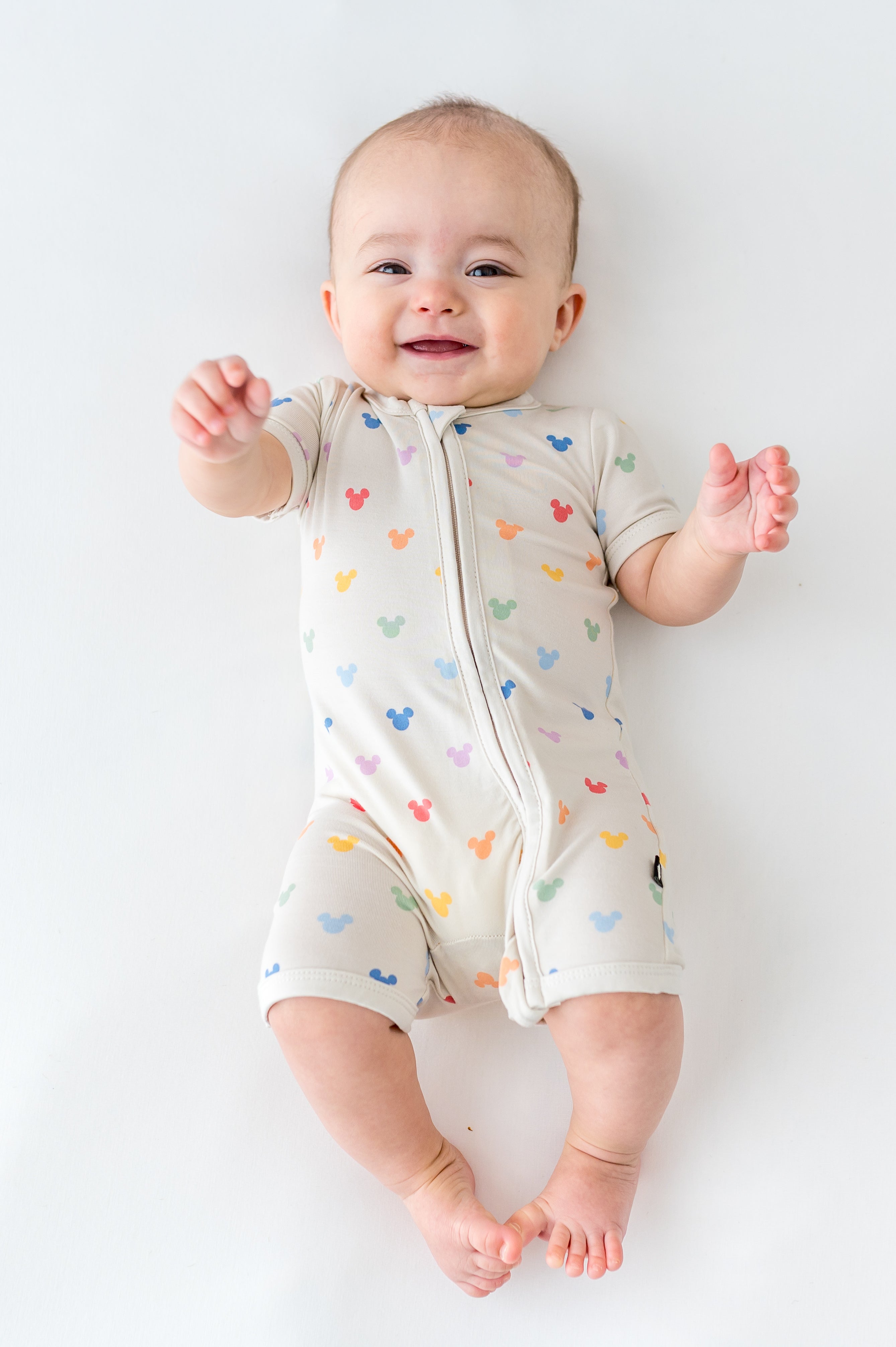 Zipper Shortall Romper in Pastel Mickey Mouse