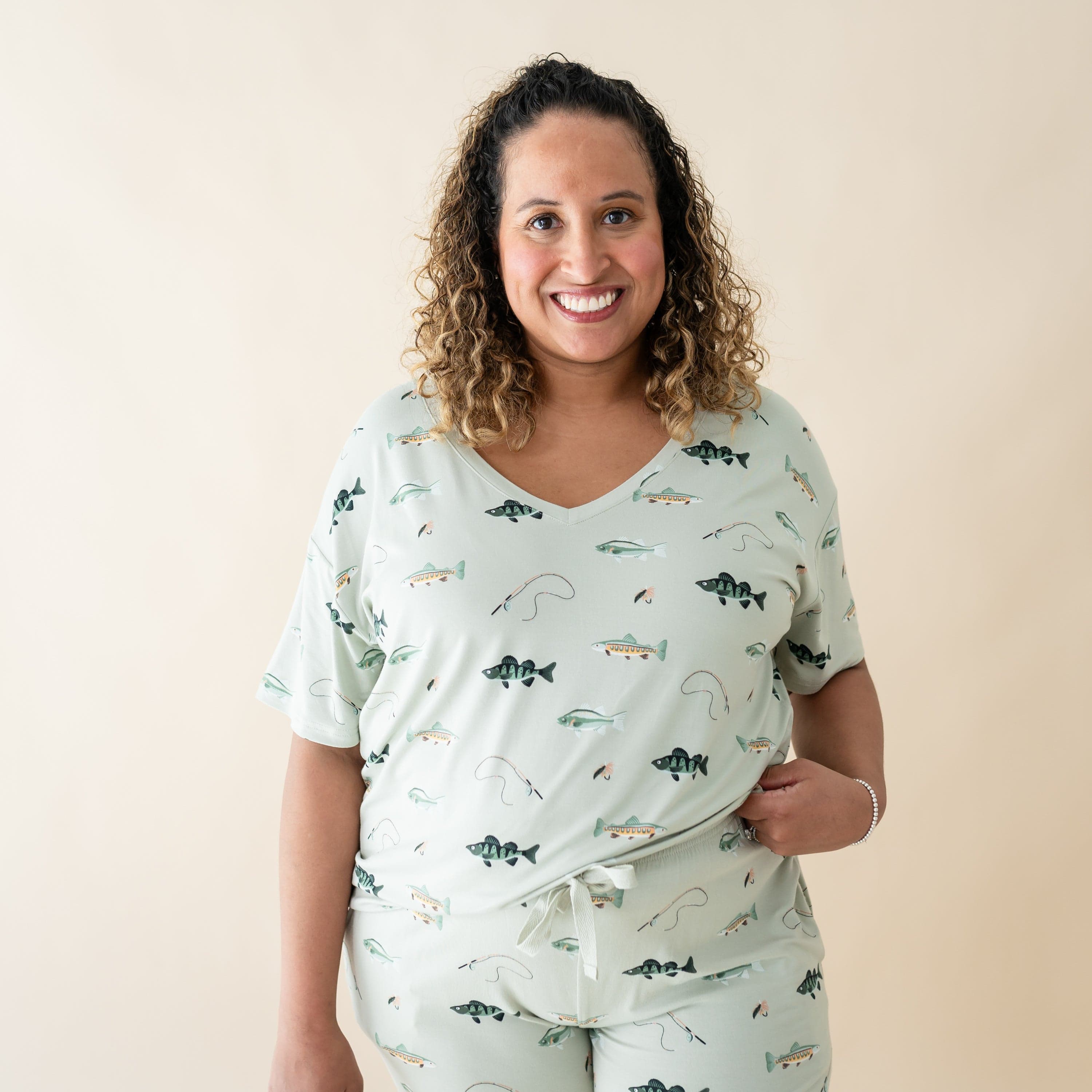 Women's Oversized V-Neck Tee in Fishing